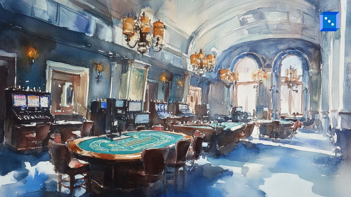A watercolor-style painting of an elegant casino interior with chandeliers, gaming tables, and slot machines, bathed in soft natural light from large arched windows.”