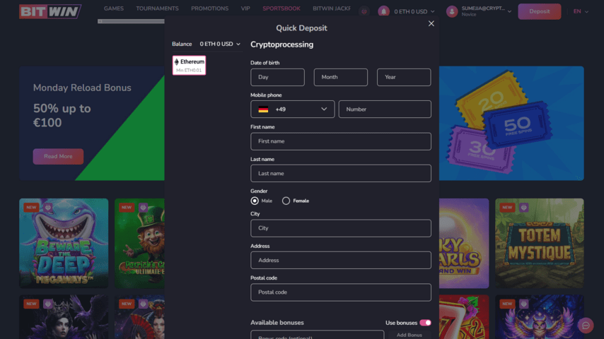 BitWin deposit window