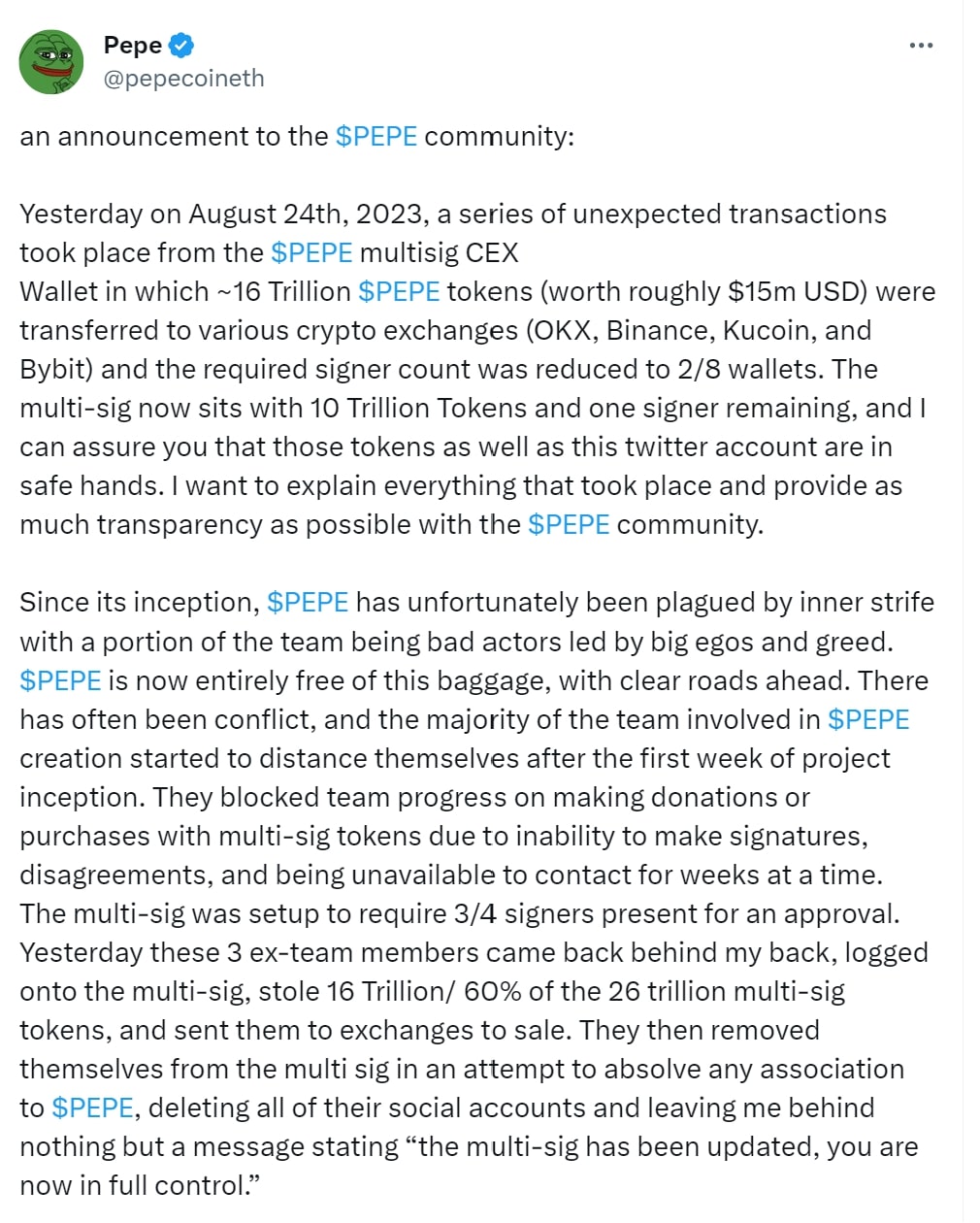 Twitter post about stolen Pepe Coin wallet tokens