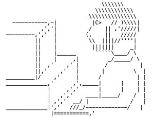 ASCII Art of a man on a desktop computer. 