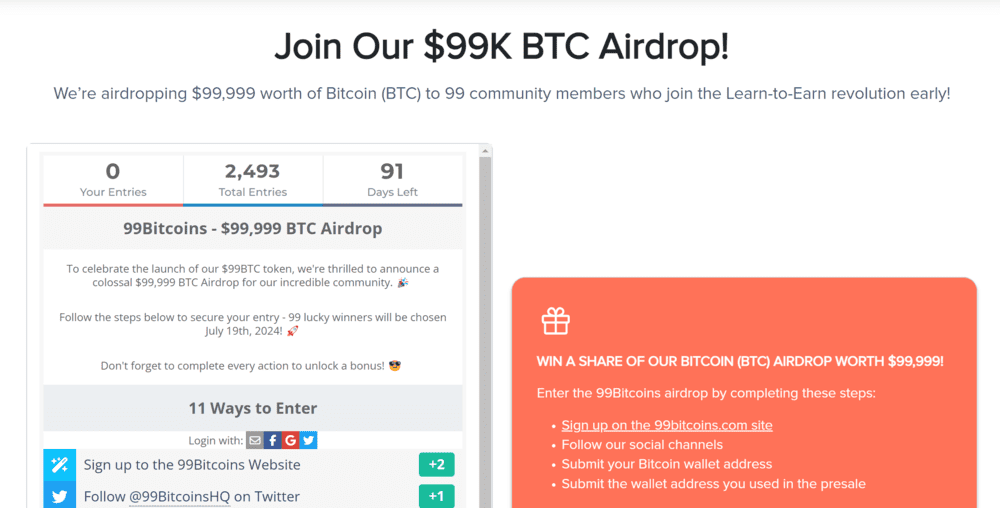 99Bitcoins Token Airdrop to Get Free Bitcoin