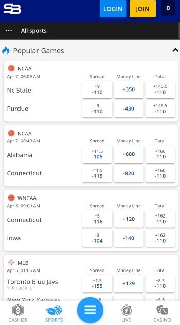 A selection of odds available at the SportsBetting.ag mobile sportsbook