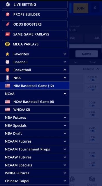 A selection of the markets available at the SportsBetting.ag mobile sportsbook