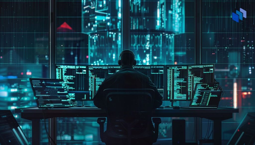 A hacker using a computer with many screens