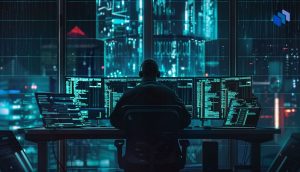 A hacker using a computer with many screens