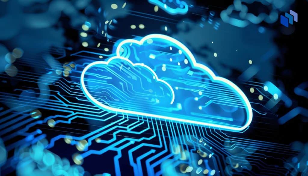 A cloud icon floating on a technology background