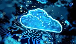 A cloud icon floating on a technology background