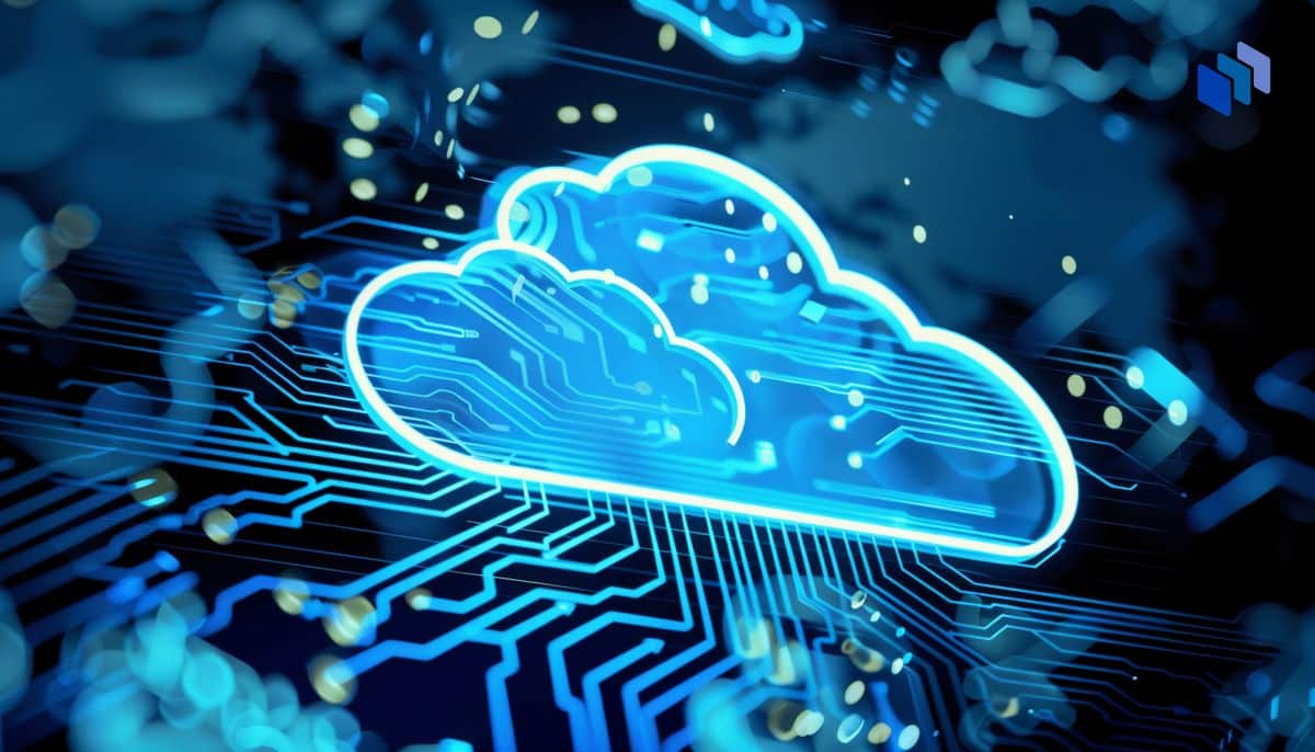 A cloud icon floating on a technology background