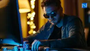 A person sits at a desk with poker chips, focused on a computer screen, surrounded by warm ambient light and soft bokeh effects.