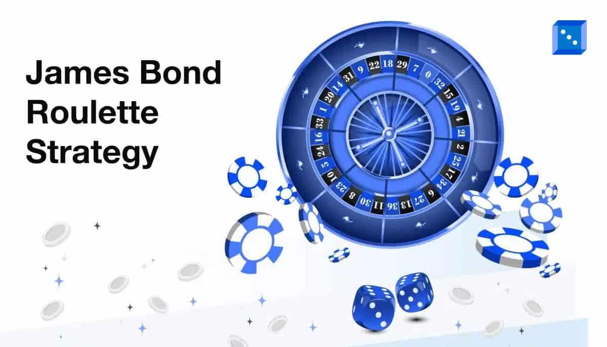 An illustration of a blue roulette wheel with spinning chips and dice, representing the James Bond Roulette Strategy.”