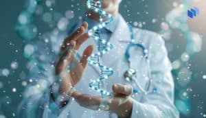 A doctor holding a DNA sign