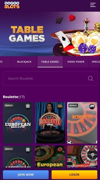 Table games at Super Slots