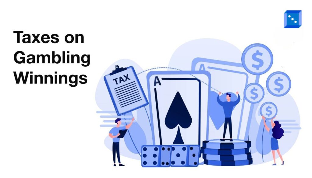 Illustration of gambling winnings taxation, featuring oversized playing cards, poker chips, dollar symbols, and a tax document, with small human figures interacting with the elements.