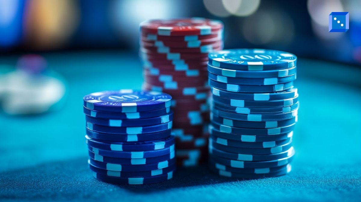 A close-up image of poker chips stacked in blue and red on a casino table covered in teal felt. The chips are neatly arranged in multiple piles, with some bearing numerical values. The blurred background features glowing lights and casino elements, enhancing the gambling atmosphere. A small blue icon with white dots is visible in the upper right corner.