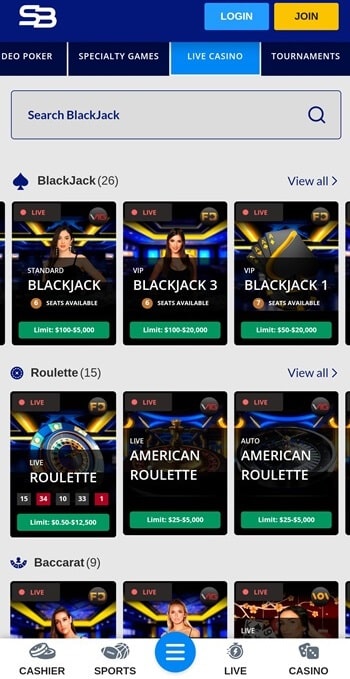 The SportsBetting.ag live casino game library