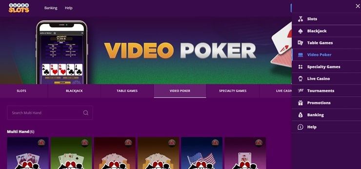 The Super Slots desktop site with the navigation menu on the right-hand side