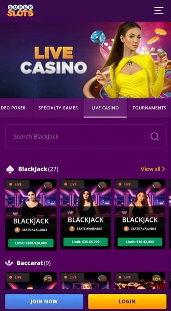 The Super Slots live casino on mobile