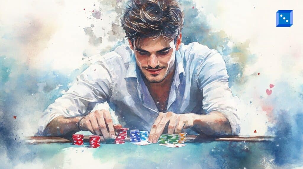A watercolor-style painting of a young man with tousled hair and a confident smile, arranging poker chips on a table. He wears a white shirt with sleeves rolled up, and the background has soft blues and warm tones with subtle heart symbols floating around. A small blue icon with white dots is in the upper right corner.