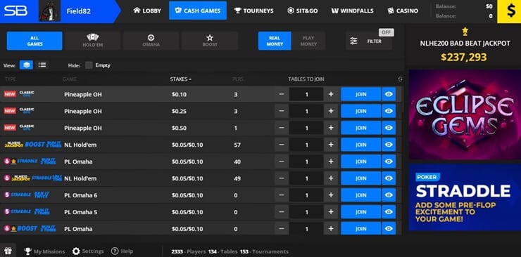 The cash game menu displaying the available tables for various types of poker including No Limit Hold’em