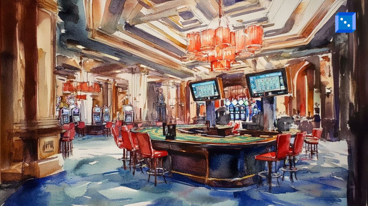 Watercolor-style illustration of a luxurious casino interior featuring a roulette table, red chairs, slot machines, and ornate chandeliers.