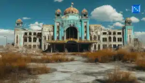 A decaying, blue and gold abandoned casino with domed rooftops, surrounded by overgrown grass under a cloudy sky.