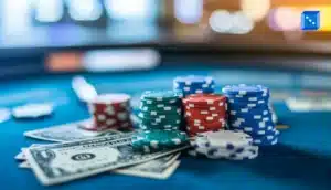 A close-up of colorful poker chips stacked on a green felt table, with dollar bills scattered underneath in a casino setting.