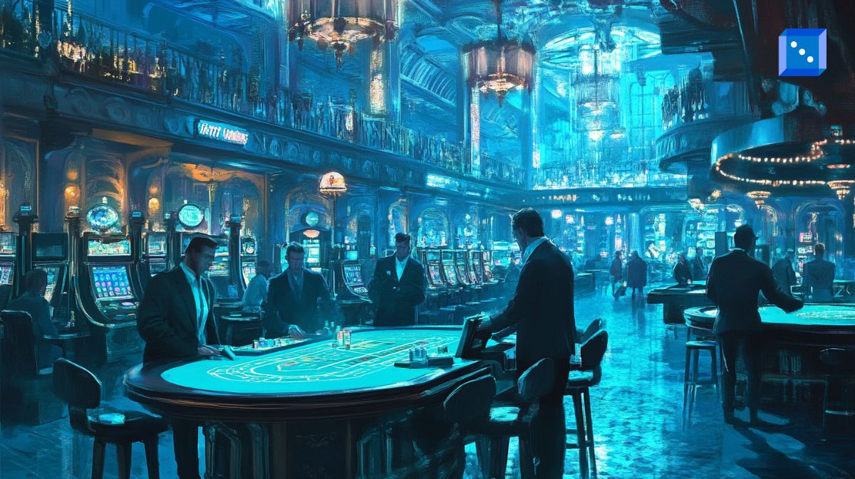 A luxurious casino interior with an opulent blue-lit ambiance, featuring high ceilings, grand chandeliers, and elegant gaming tables. Well-dressed patrons engage in high-stakes gambling at blackjack and poker tables, while rows of slot machines illuminate the background. The scene captures the excitement and sophistication of casino life, with an air of mystery and fortune.