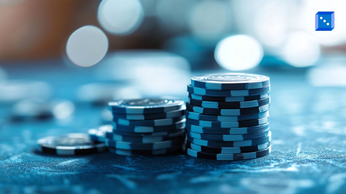 Stacks of blue and black poker chips on a casino table, illuminated by soft, out-of-focus lights in the background, creating a high-stakes gambling atmosphere.