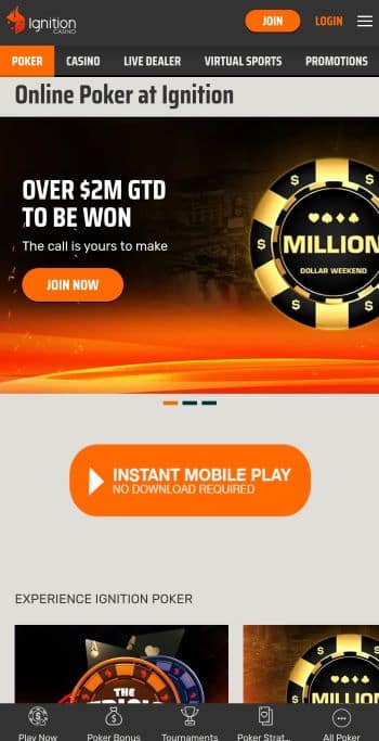 best omaha poker sites - The Ignition mobile homepage
