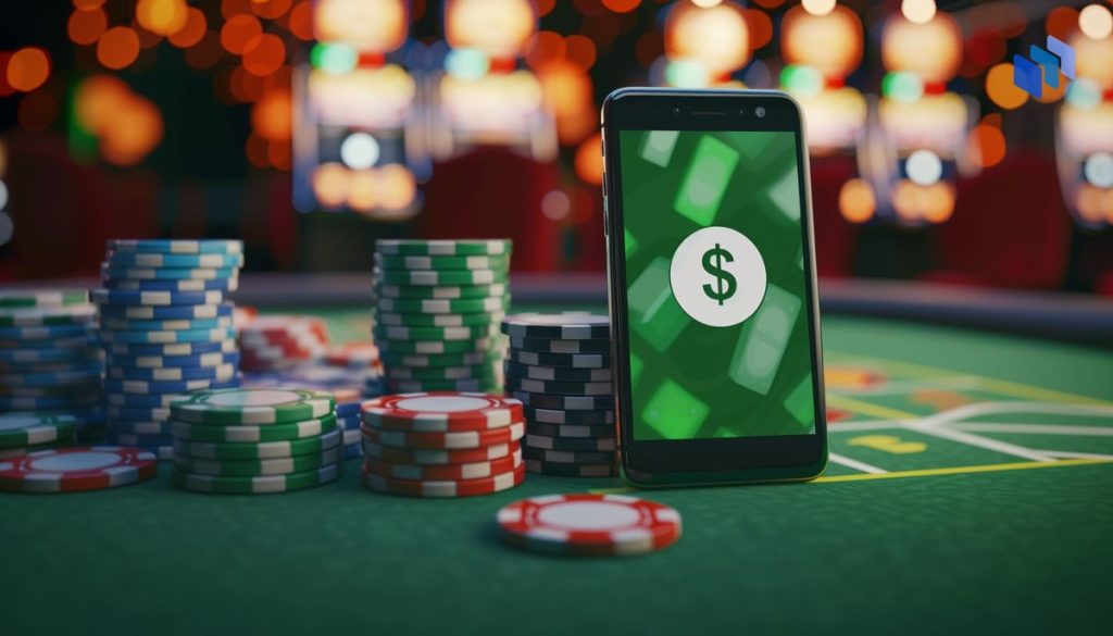 cash app mobile phone on poker table