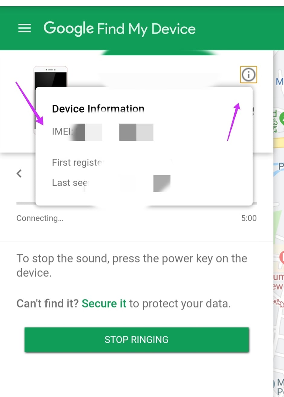 Image showing how to check IMEI number using Google Find My Device