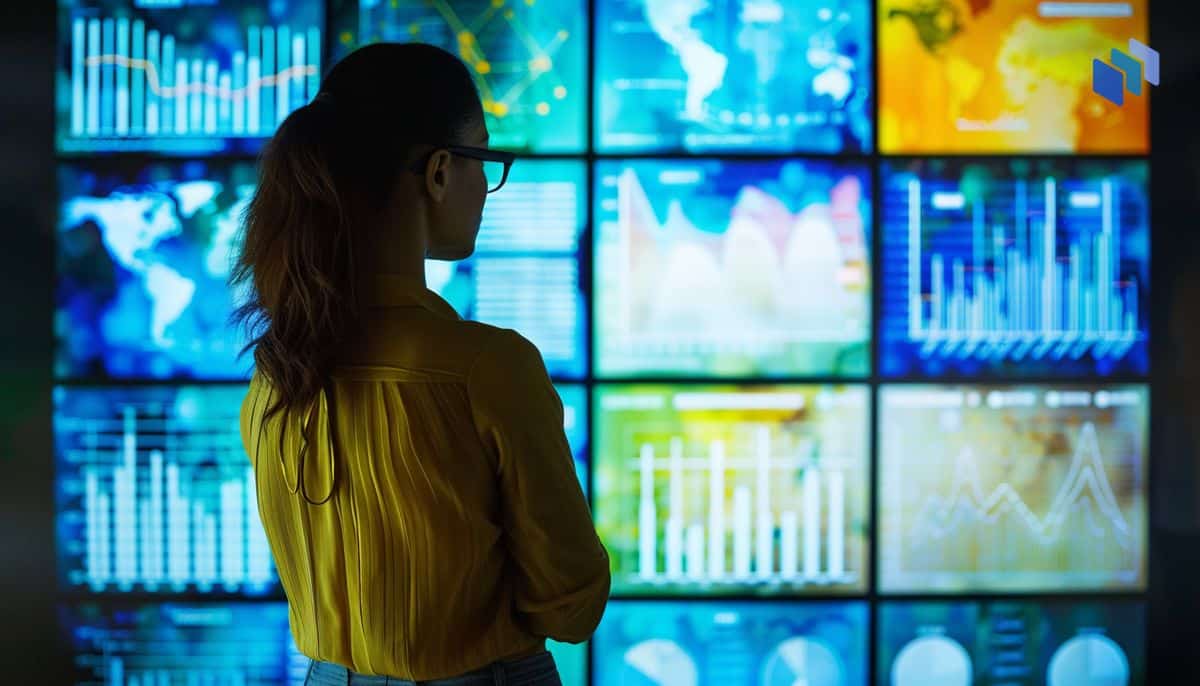A woman standing in front of many screens