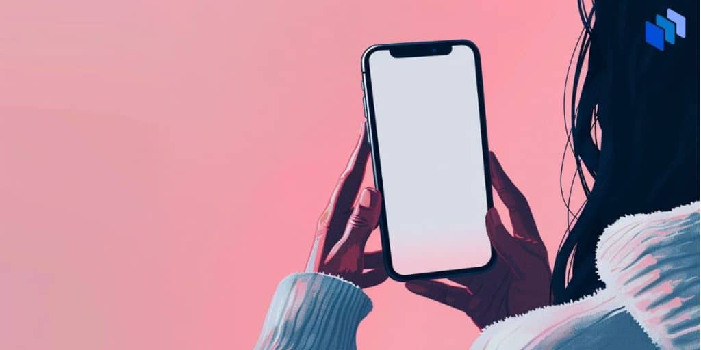 Illustrated image of woman holding a cell phone with a blank screen on a pink background