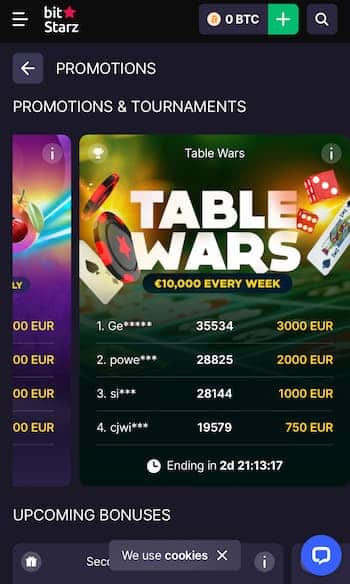 BitStarz promotions - Table Wars