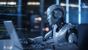 An AI robot using a laptop