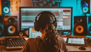 A woman mixing music on a computer