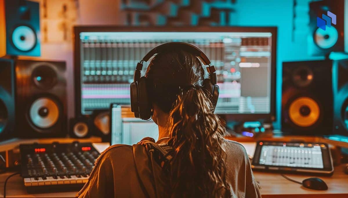 A woman mixing music on a computer