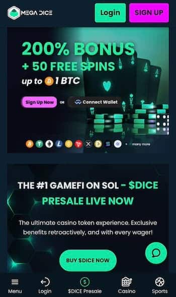 Mega Dice Bitcoin Casino Homepage