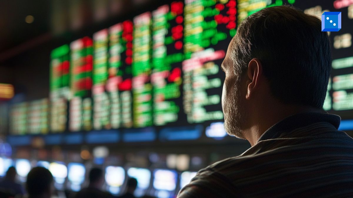 A man observes a large digital sportsbook display filled with betting odds in red and green. The blurred background suggests a casino or betting lounge atmosphere, highlighting the tension and excitement of sports betting.”