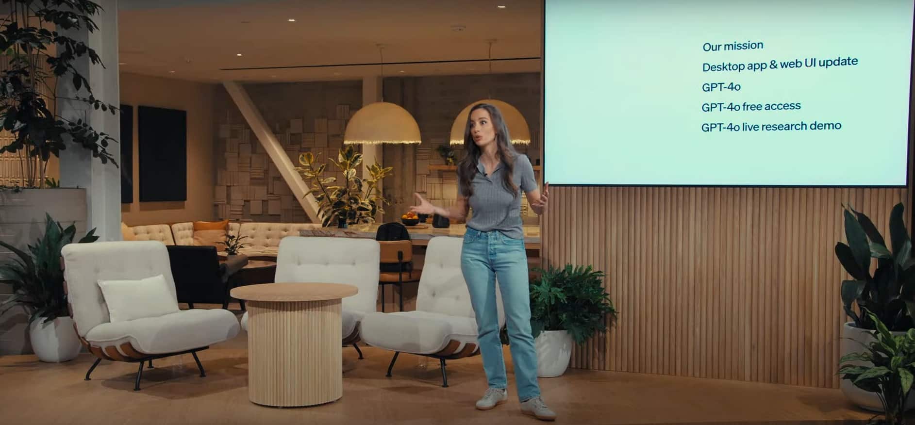 OpenAI Technology Chief and presenter Mira Murati introduces OpenAI GPT 4-o
