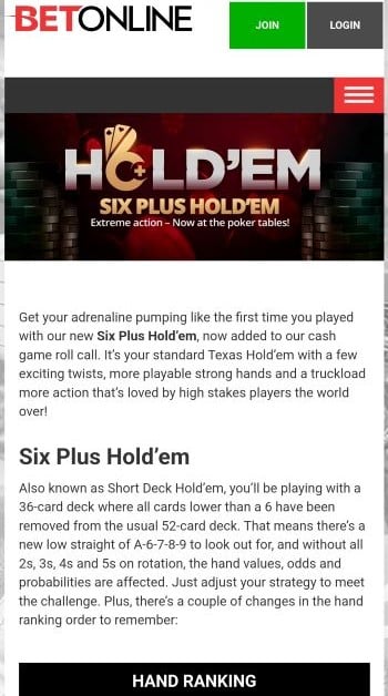 Short Deck Poker - BetOnline homepage on mobile