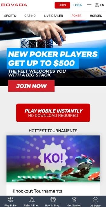 Short Deck Poker - Bovada poker homepage on mobile