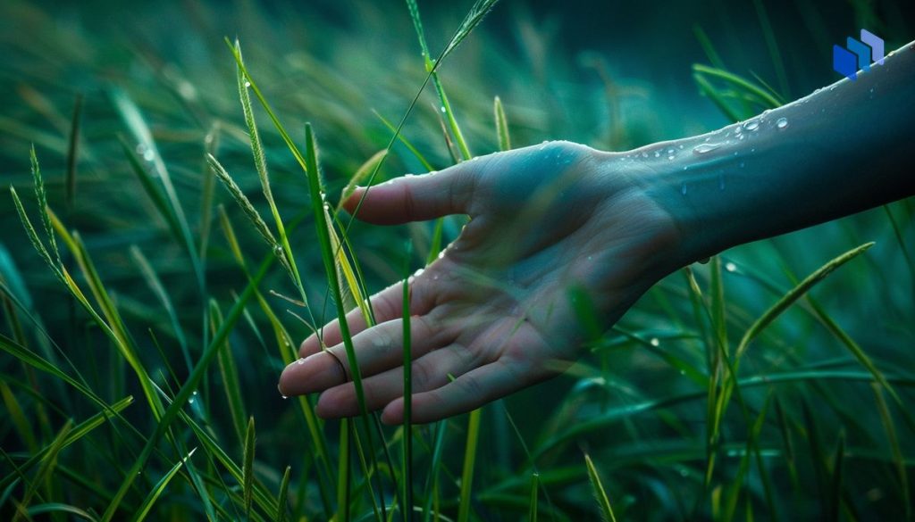 Human hand touching grass