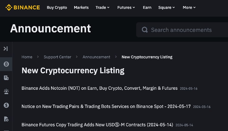 Upcoming Binance listings announcement page