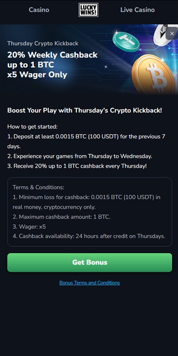 LuckyWins Cashback page, one of the best new online casinos in Ireland