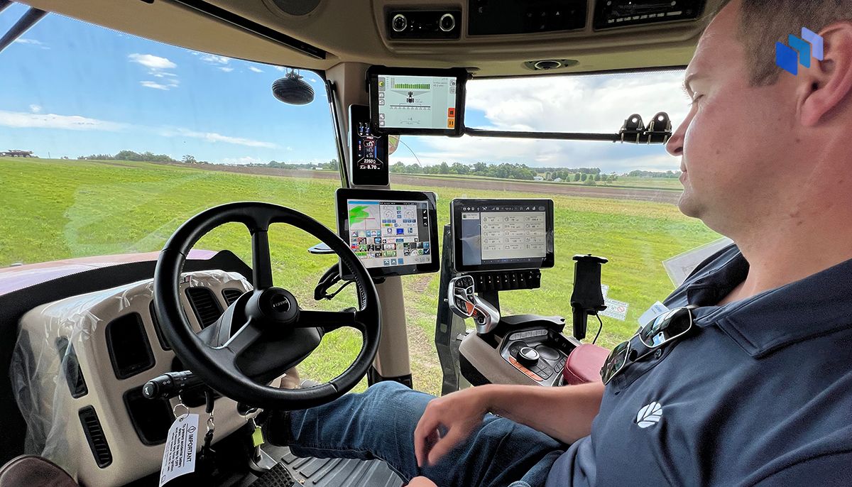 In the cabin of a CNH autonomous crop sprayer