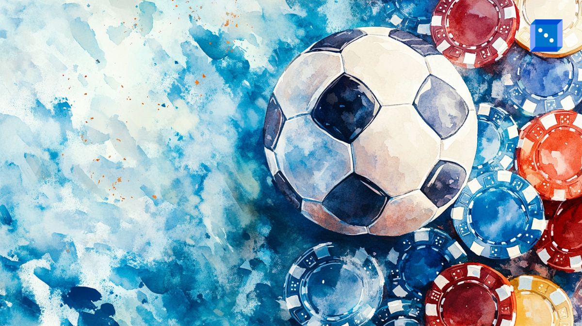 Watercolor-style illustration of a soccer ball resting on a pile of colorful poker chips.