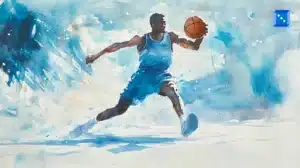 Watercolor-style digital artwork of a basketball player in motion, wearing a blue uniform, dribbling a basketball against a dynamic blue and white abstract background.”