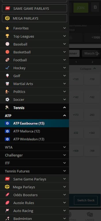 Use the Sportsbook to Navigate to Tennis