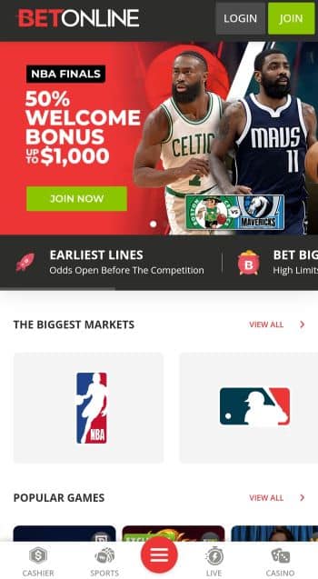 Olympics The BetOnline mobile sportsbook homepage